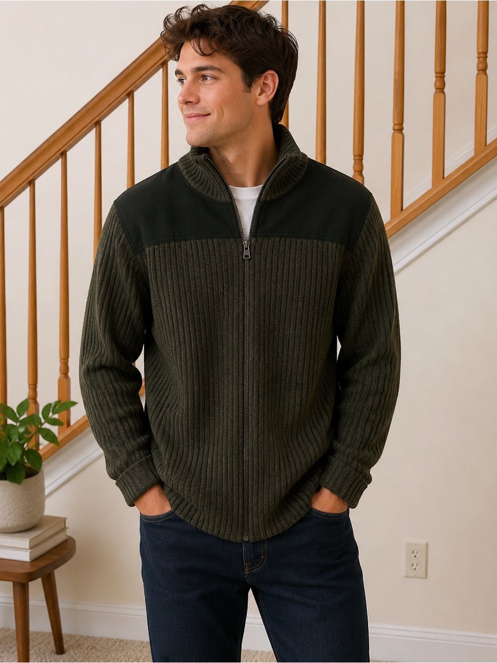 L.L. Bean Men's Olive Ribbed Full-Zip Sweater with Dark Green Yoke